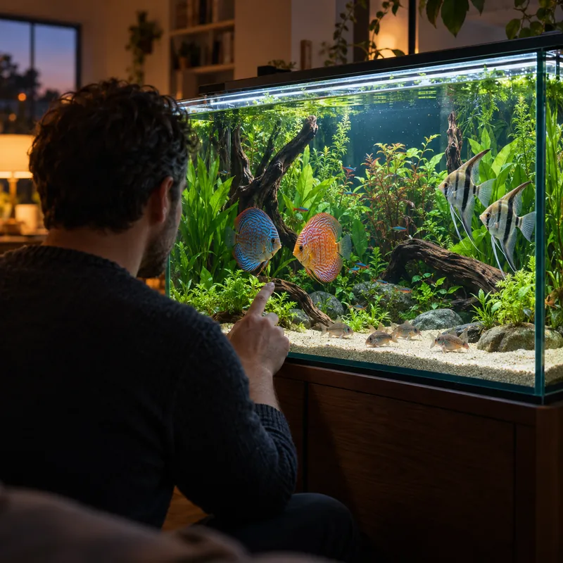 Alberto E. de espaldas frente a un acuario plantado con peces disco, escalares y corydoras