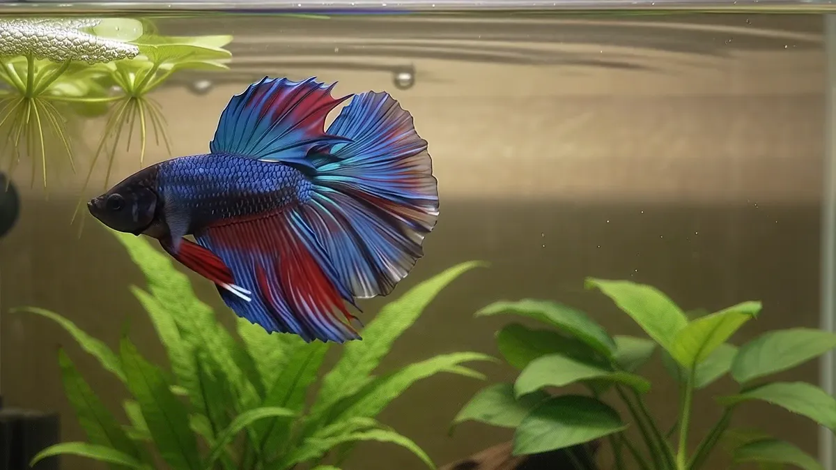 Pez betta macho azul y rojo con las aletas completamente abiertas junto a plantas flotantes y un nido de burbujas en la superficie