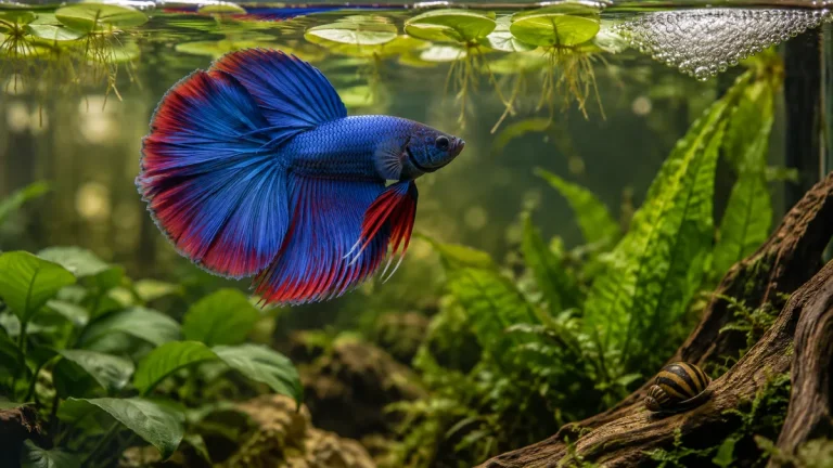 Pez betta macho azul y rojo de cola media luna nadando bajo plantas flotantes, con un nido de burbujas en la superficie y un caracol nerita sobre un tronco